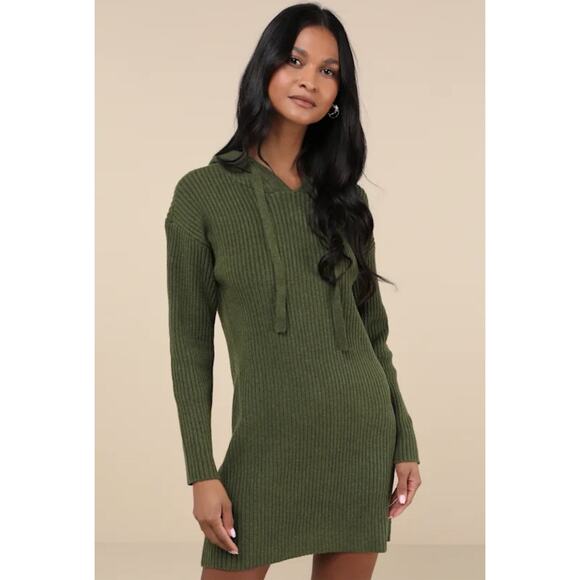 Lulus Snuggly Olive Green Hooded Mini Sweater Dress Size M Cozy - Picture 1 of 9
